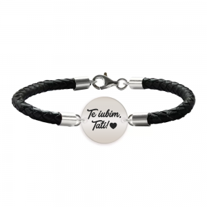 Bratara argint banut 16 mm si piele impletita - personalizata cu text